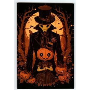 Vintage Halloween Photochrome Postcard Pumpkin Head Couple 5.5x4"